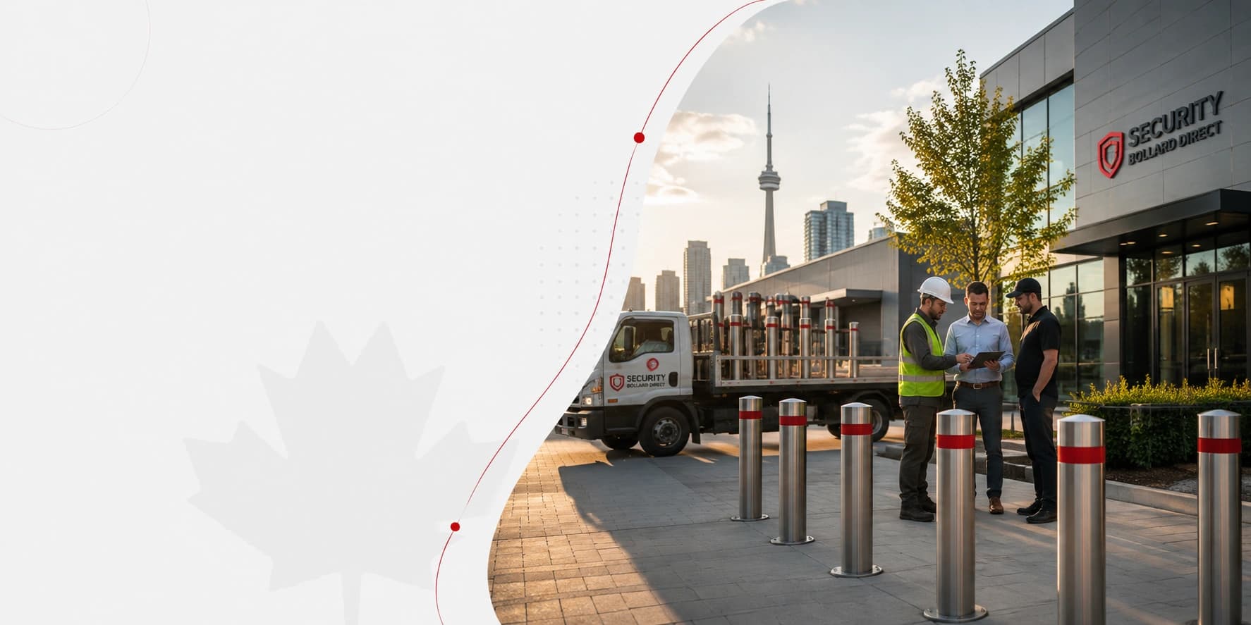 A Security Bollard Direct truck loaded with stainless bollards outside the depot, with three colleagues reviewing a job on a tablet and the Toronto skyline behind