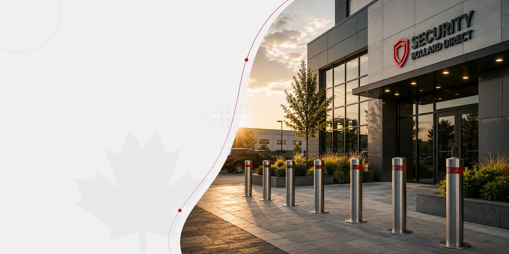 Stainless bollards with red bands lining the entrance of the Security Bollard Direct building at sunset