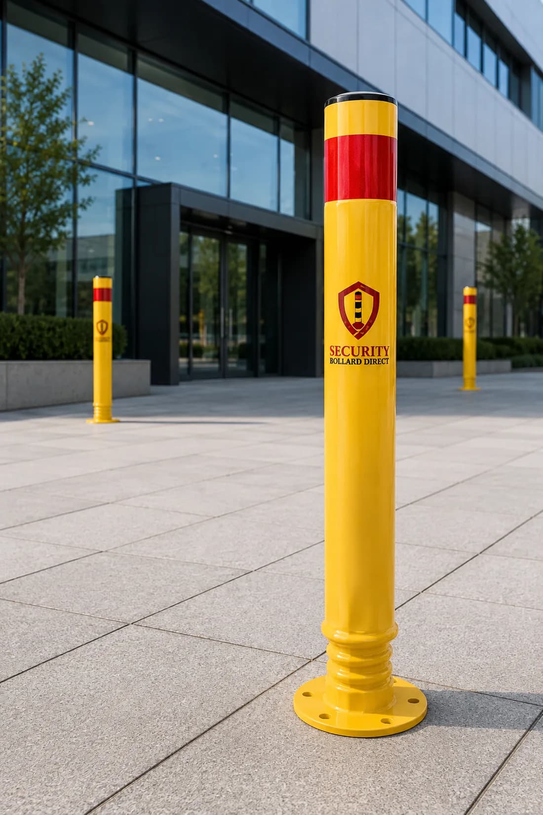 A yellow flexible spring bollard with a red reflective band and ribbed spring base, bolted to a paved forecourt outside a commercial building, with two more in the background