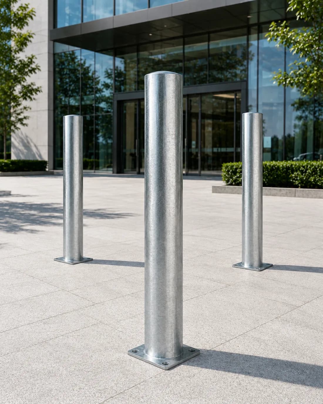 Three hot-dip galvanized steel bollards on bolt-down base plates, set across a paved forecourt outside a glass commercial building