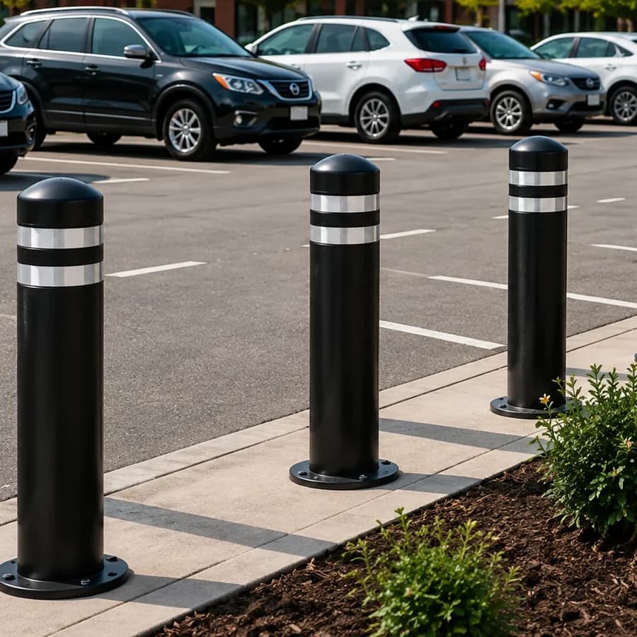 Black bollards with reflective bands along a parking lot island