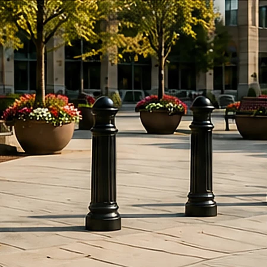 Decorative black bollards on a paved plaza walkway