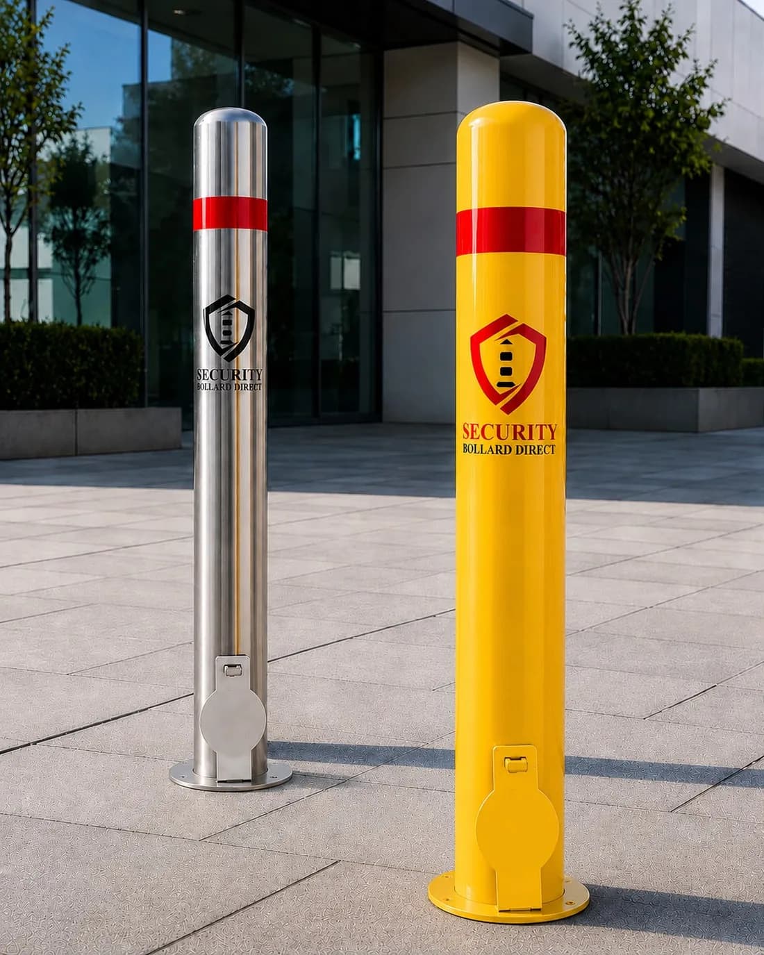 A satin stainless and a yellow removable bollard side by side, each with a red band and a padlocked ground sleeve, on a paved forecourt outside a commercial building