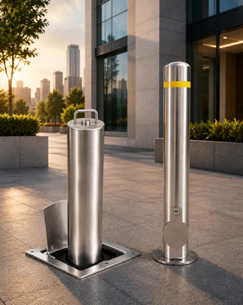 A retractable stainless bollard raised from its in-ground casing with the lid open, beside a fixed bollard with a yellow band, on a paved plaza at sunset