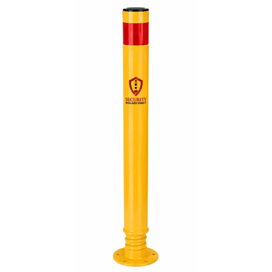 SBD-FSB42Y yellow flexible spring bollard with a red reflective band, black cap and bolt-on spring base