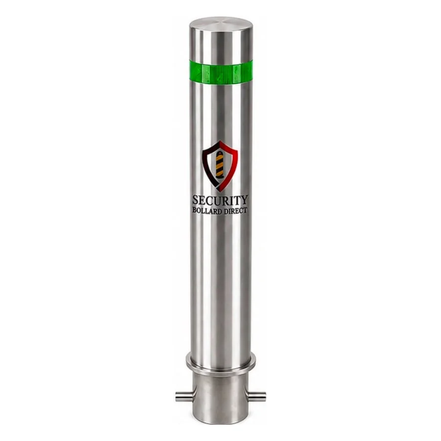 SBD-FTSSB436 flat top satin stainless steel bollard with a green reflective band