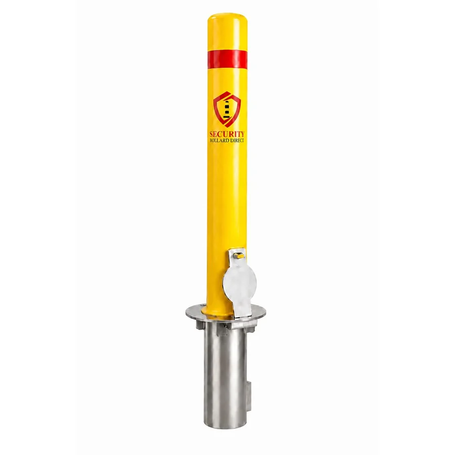 SBD-RSB436Y removable yellow steel bollard with a red reflective band, padlock and ground sleeve