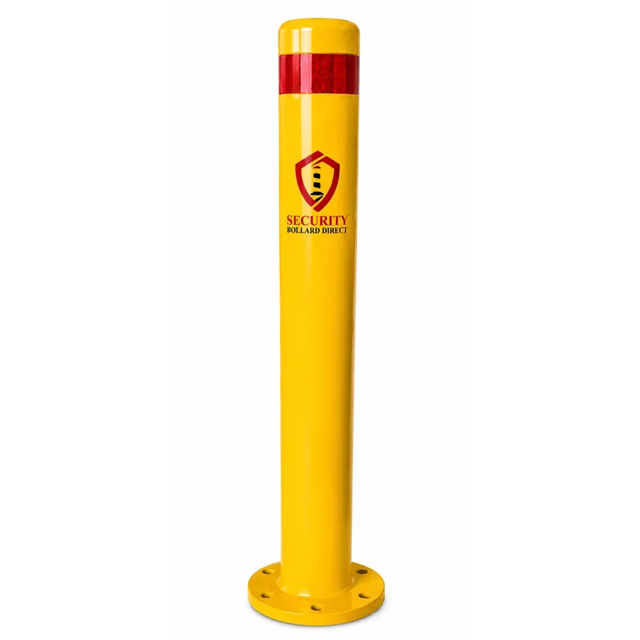 SBD-RSB4536Y round yellow steel bollard with red reflective band and flanged base plate