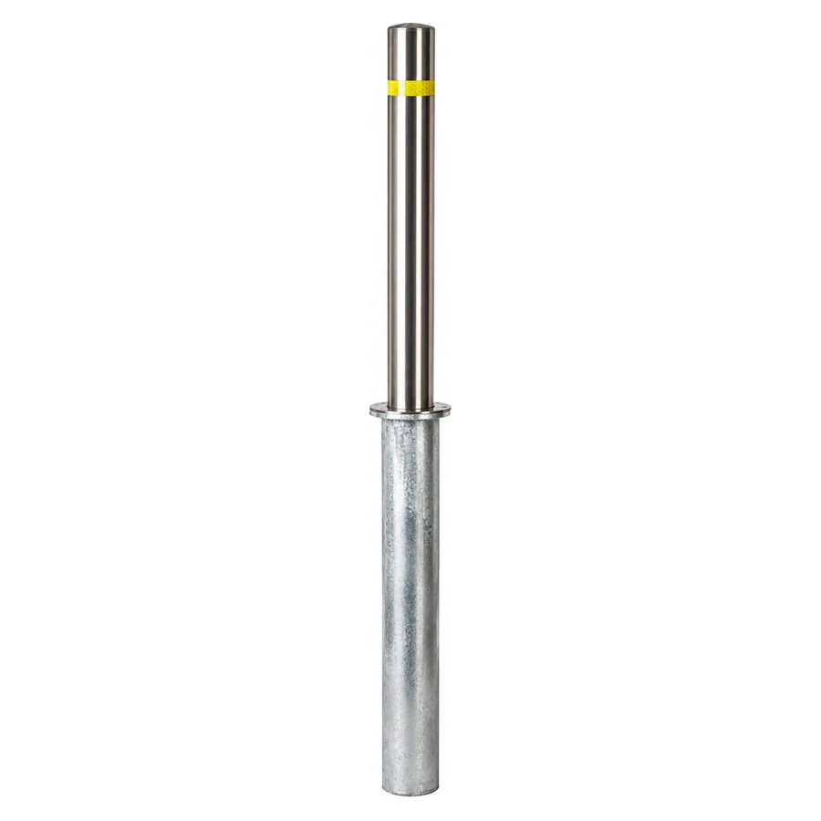 SBD-RSB4536 retractable stainless bollard with a banded post standing in its galvanized in-ground casing