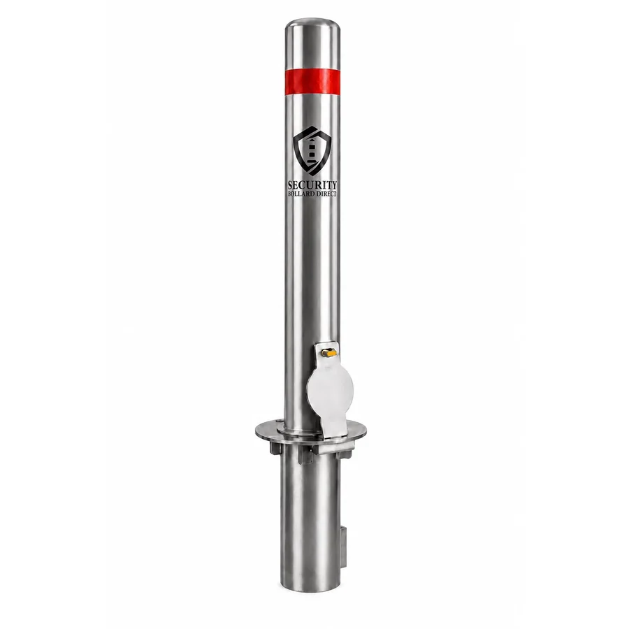 SBD-RSSB436 removable satin stainless bollard with padlock and ground sleeve