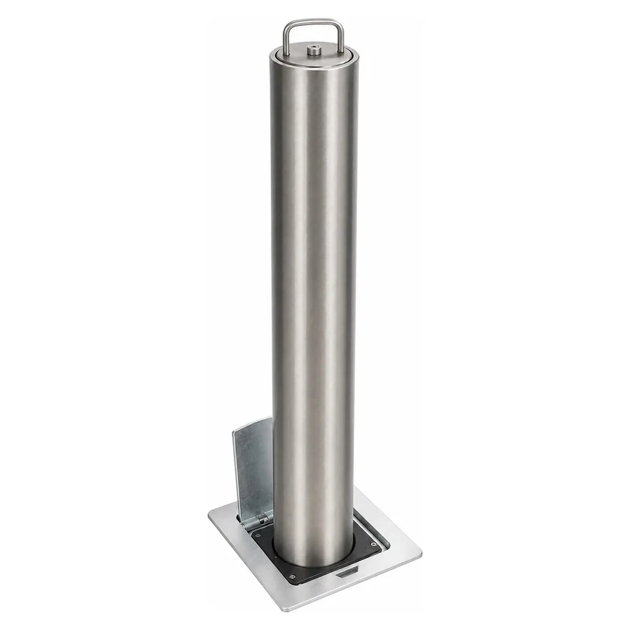 SBD-SRB4527 retractable satin stainless bollard raised on its in-ground casing, with a lifting handle and lockable top