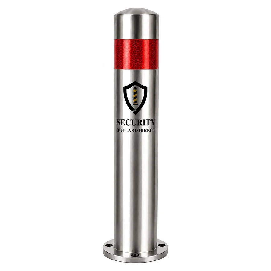 SBD-SSB436 satin stainless round bollard with a domed top and red reflective band