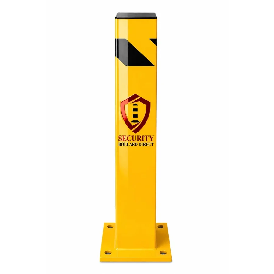 SBD-SSB436Y square yellow steel bollard with black hazard striping on a square base plate