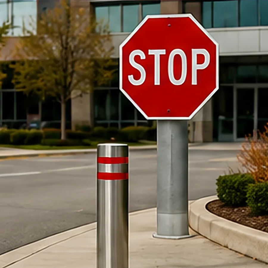 A stop sign mounted on a bollard at a commercial entrance