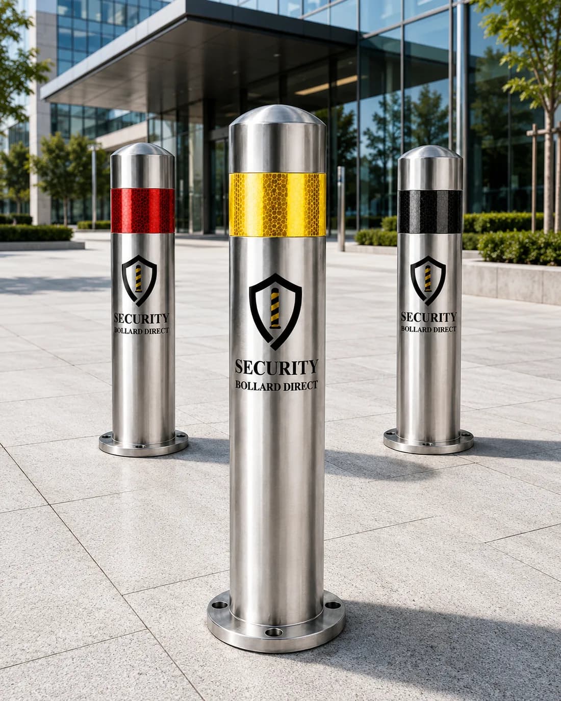 Three domed-top satin stainless bollards on a paved forecourt outside a glass commercial building, banded in red, yellow and black
