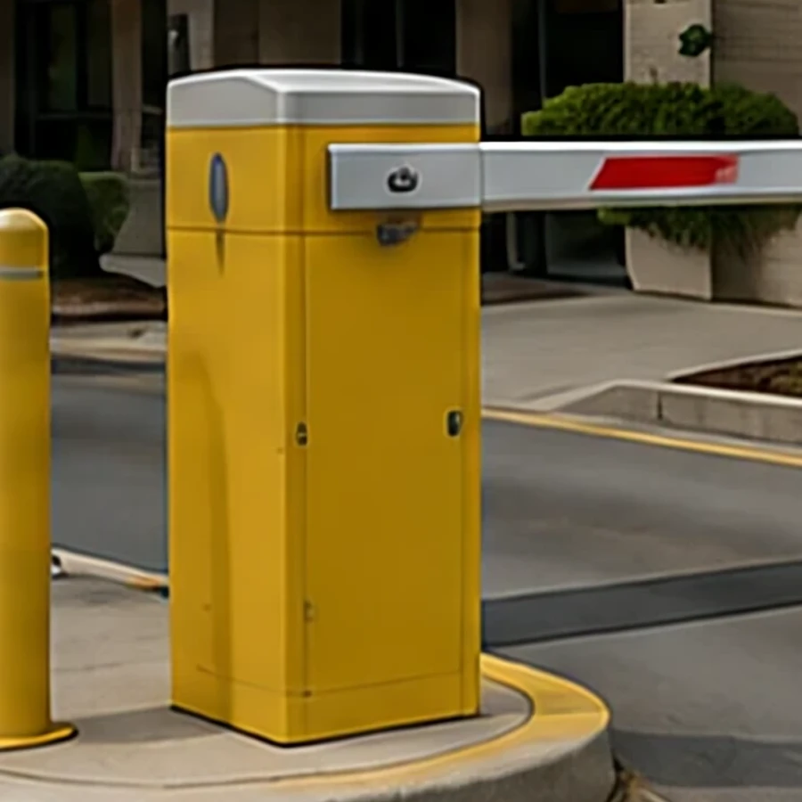 Barrier arm and card reader pedestal at a vehicle entrance