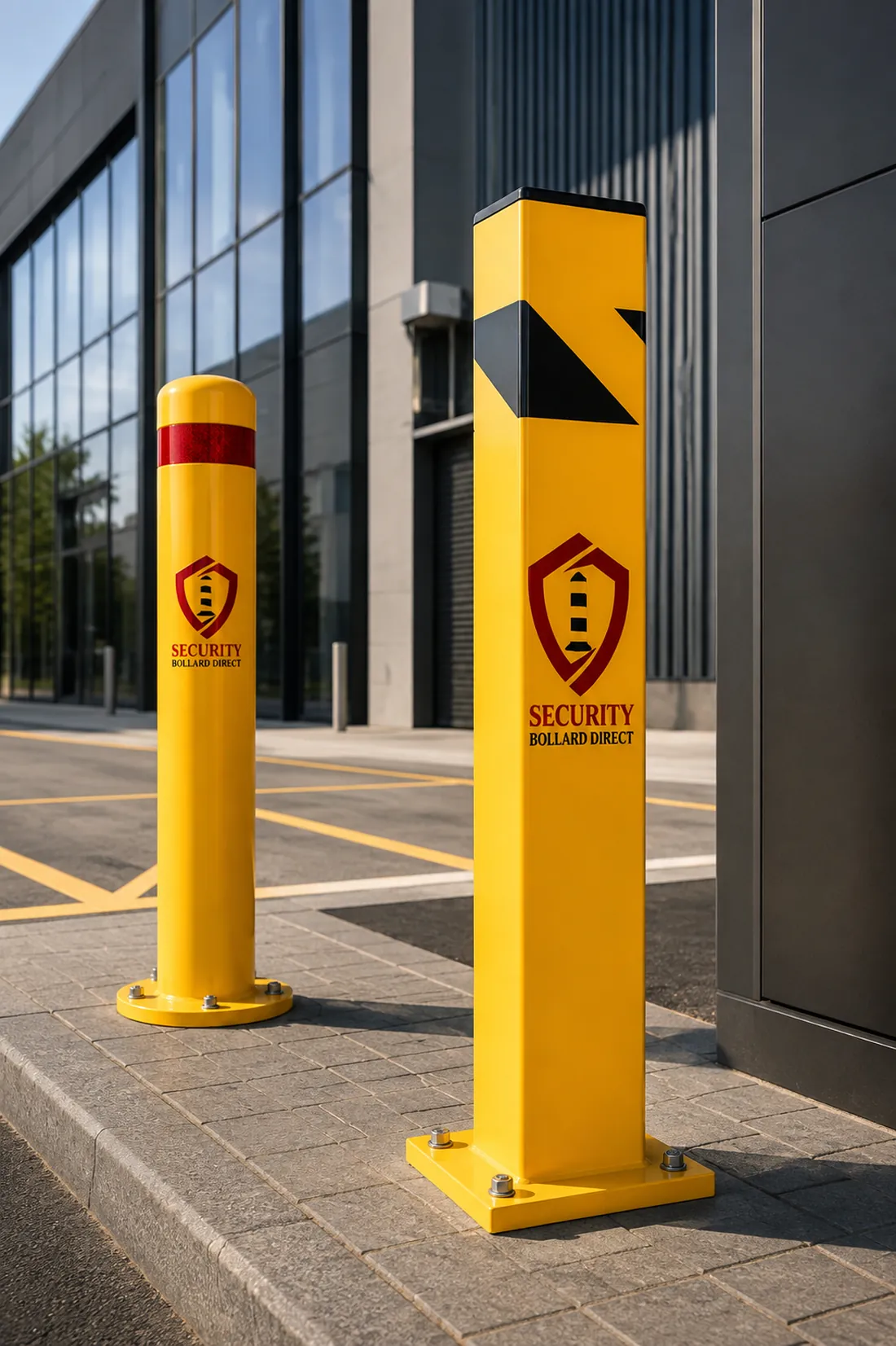 A round yellow bollard with a red reflective band and a square yellow bollard with black hazard striping, bolted to a paved walkway outside a commercial building