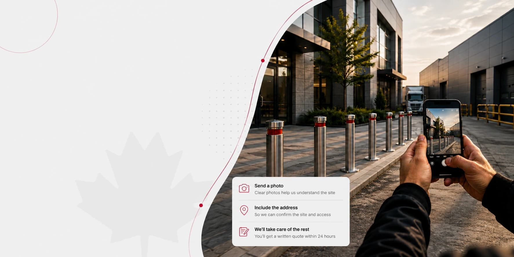 Someone photographing a row of stainless bollards on a phone, with the three steps to a quote listed beside them