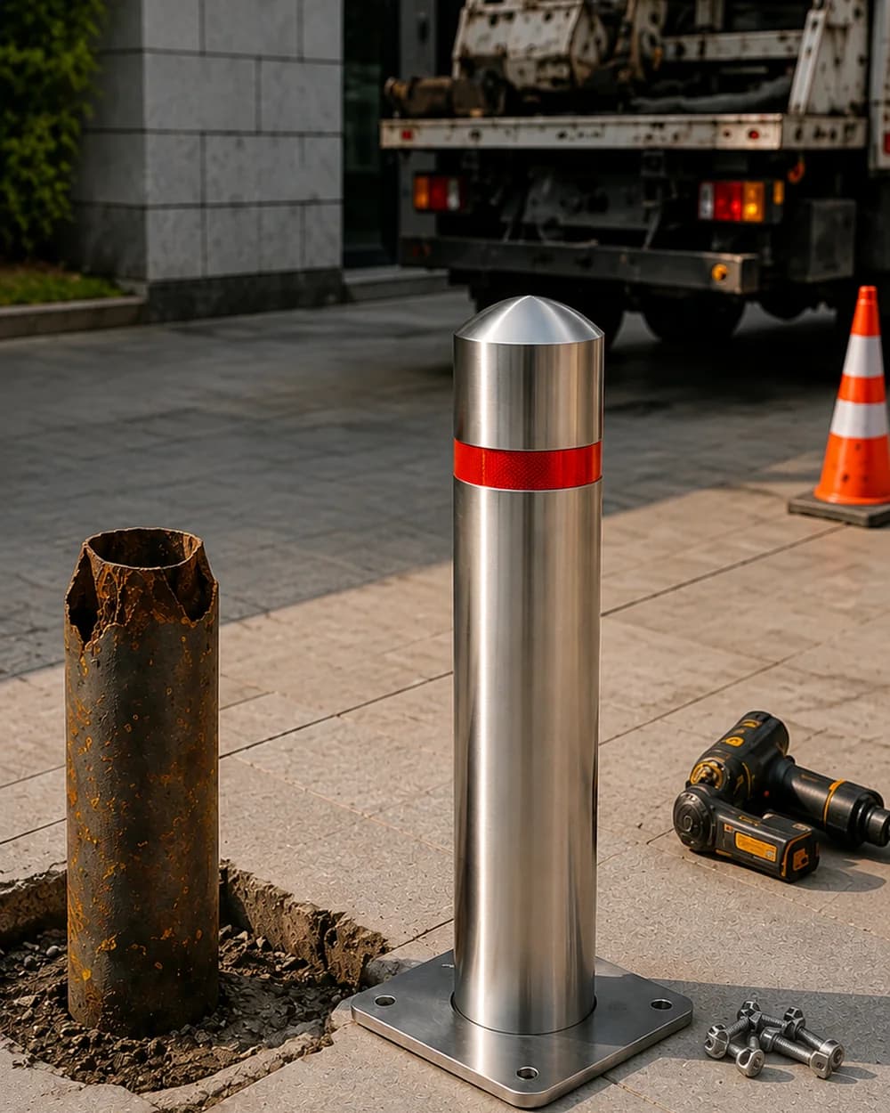 A rusted-out old bollard stump beside its stainless replacement freshly bolted to the pavement, with anchors and an impact driver alongside