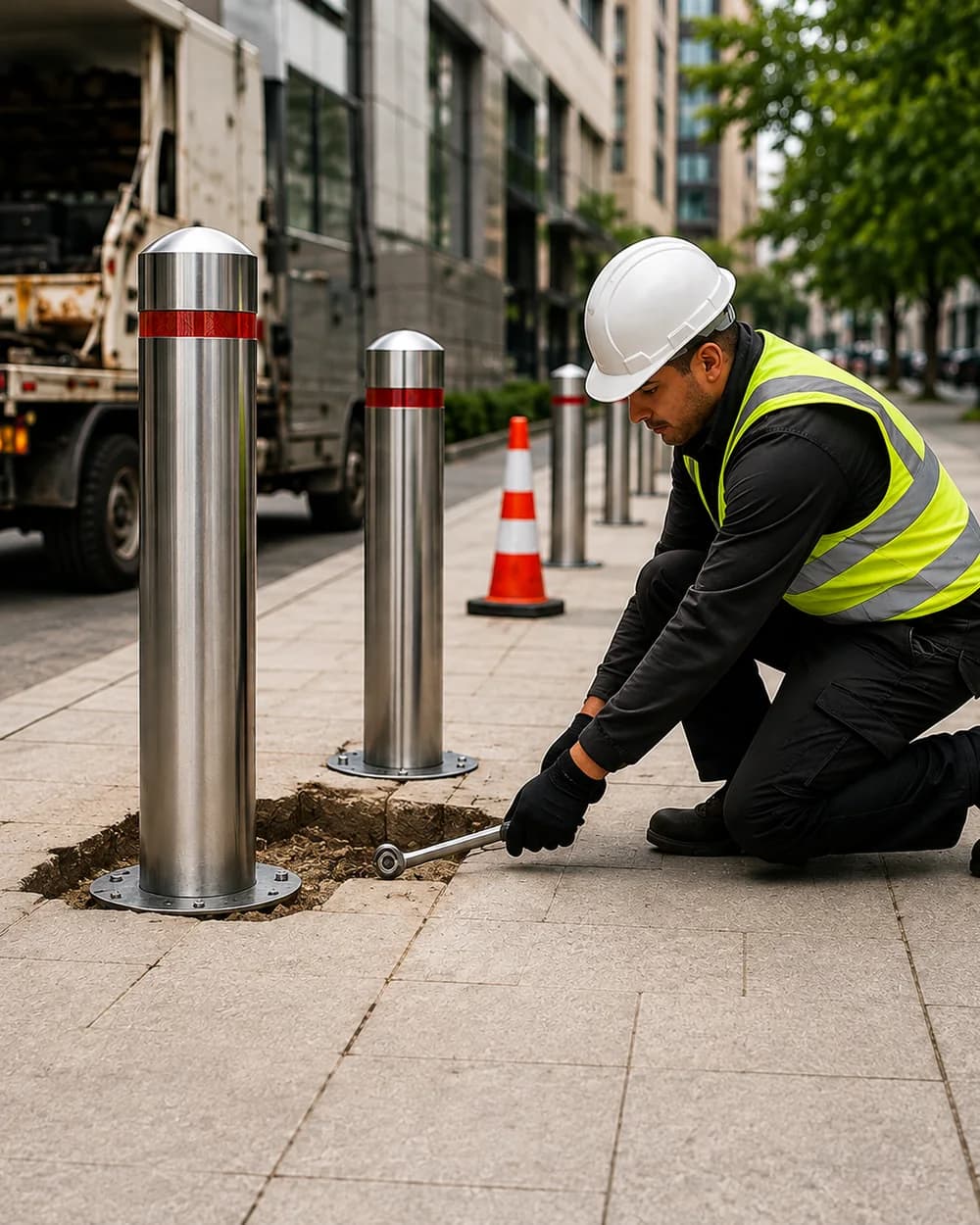 An installer in a hard hat and hi-vis torquing down the base plate of a stainless bollard on a city sidewalk, with the truck behind