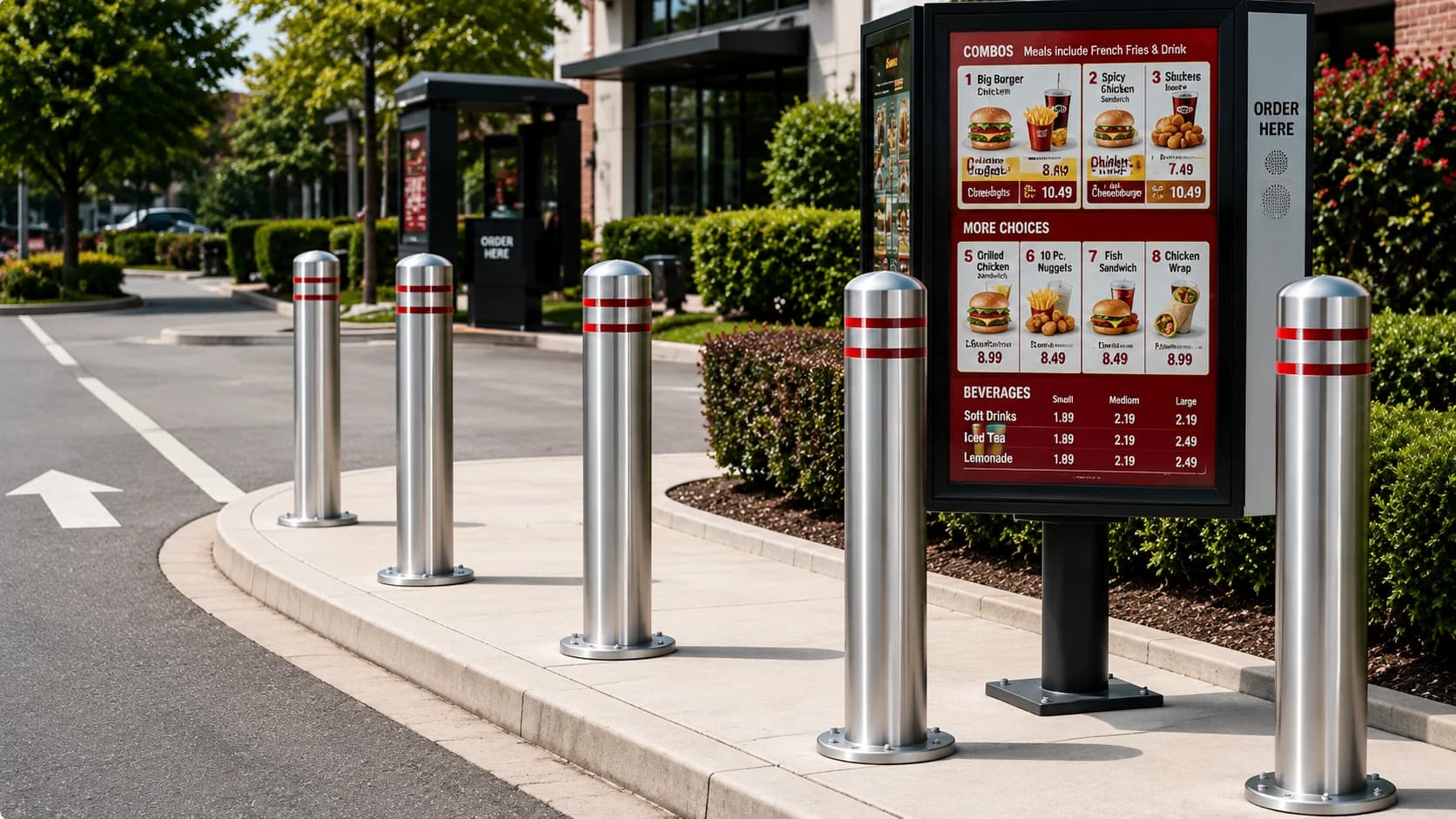 Bollards protecting drive-throughs