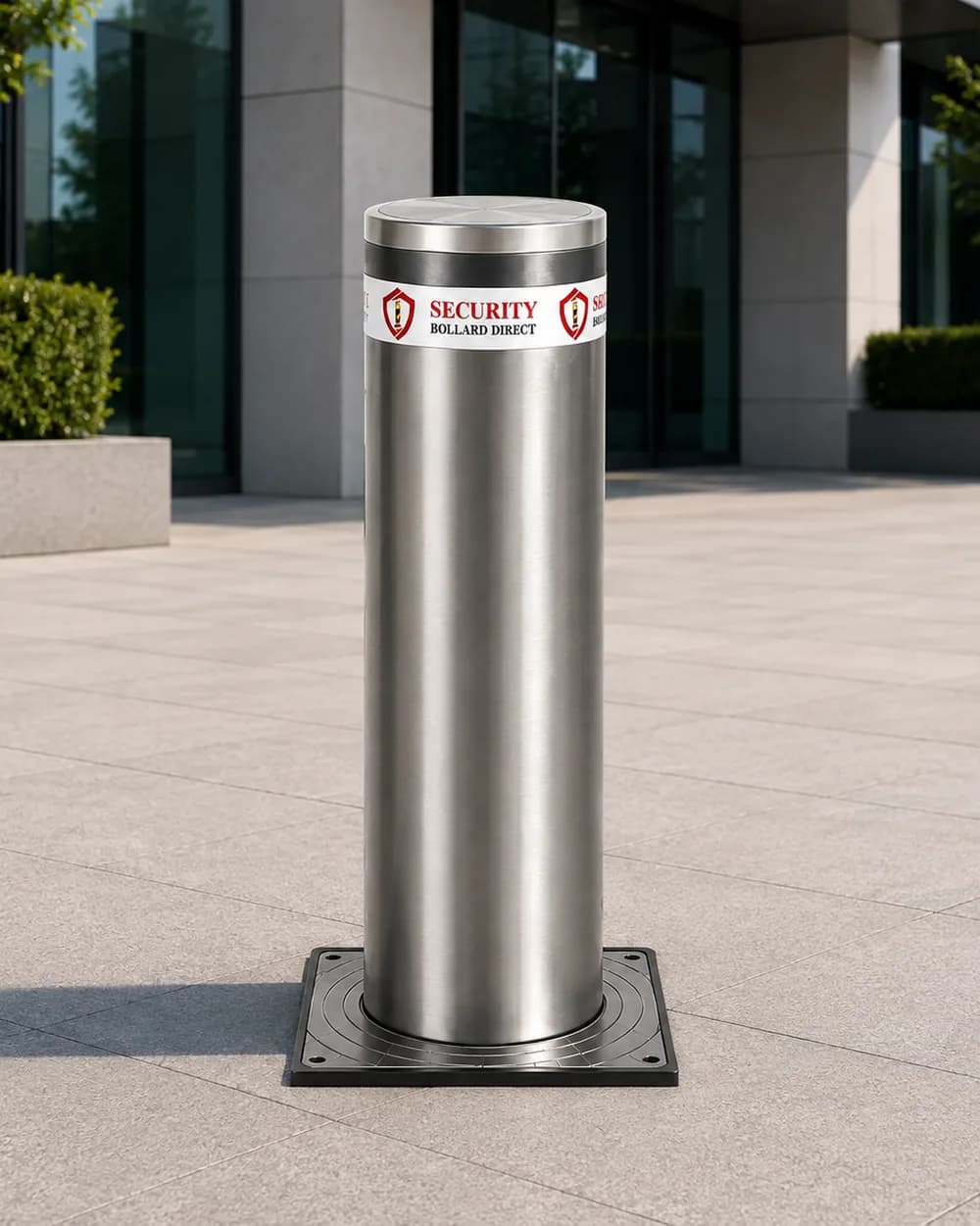 An automatic rising bollard in stainless steel, raised on its square base plate on a paved forecourt outside a glass commercial building