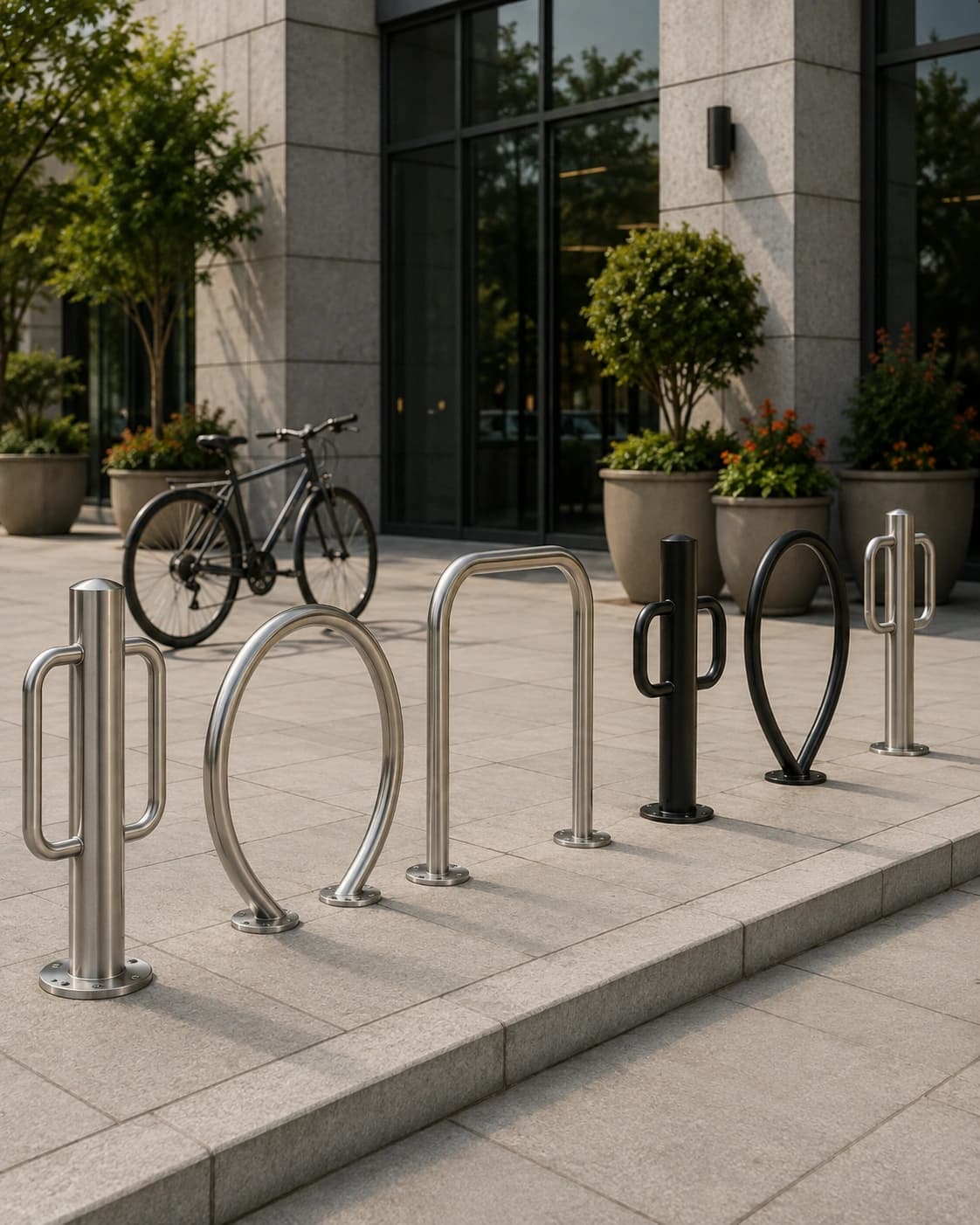 A row of stainless and black bike racks: post, round hoop, U and Double Moon, on a paved commercial forecourt at dusk