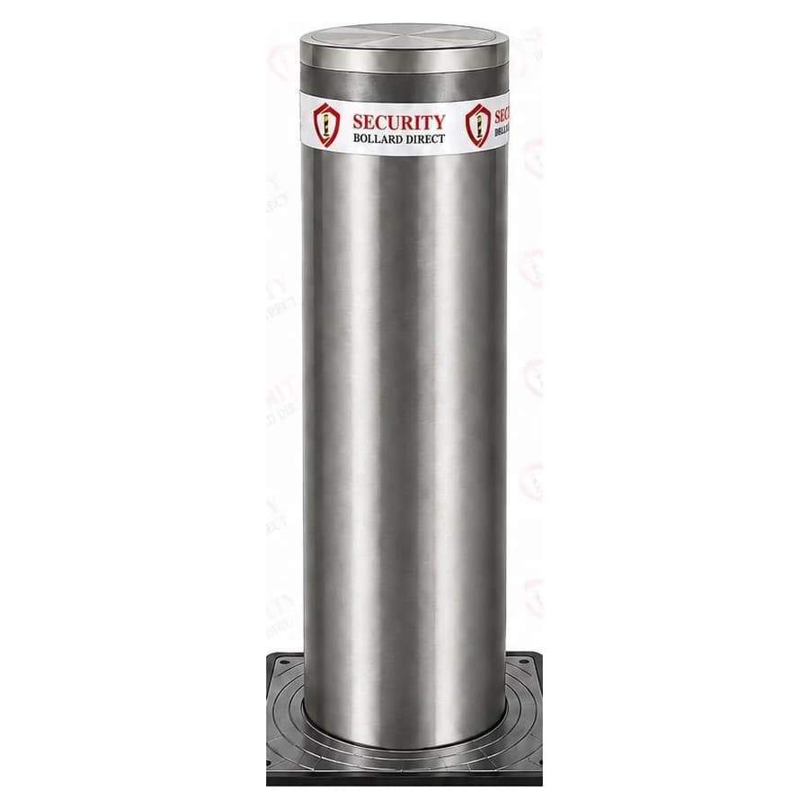 SBD-AMSB2331 automatic rising bollard in stainless steel, raised on its square mounting plate