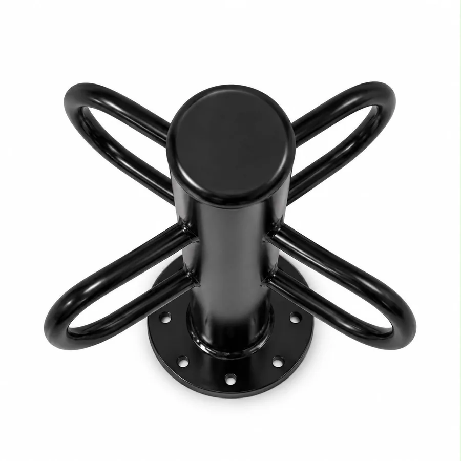 SBD-CBS4W01 4-Way bike rack from above, showing the four loops and the bolt-down base plate