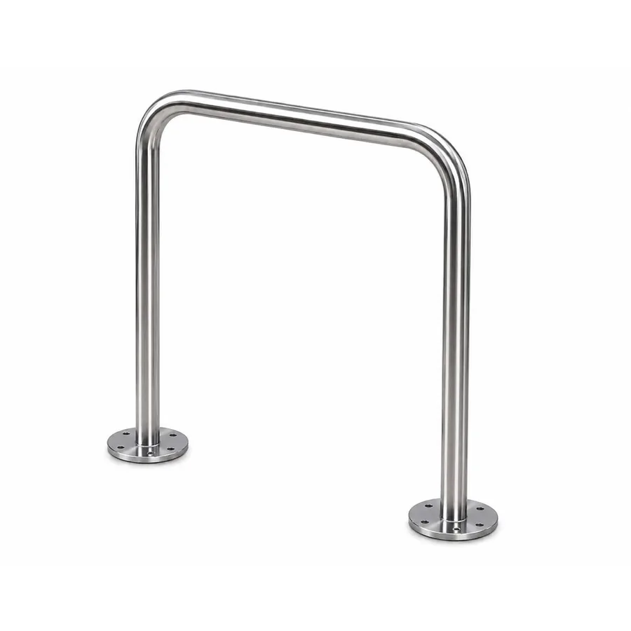 SBD-UBR31601 stainless U bike rack seen at an angle, showing both flanged base plates