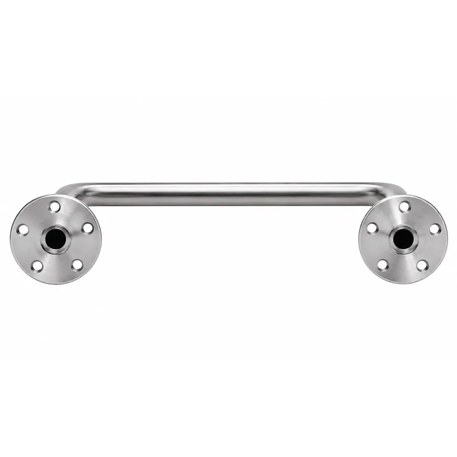 SBD-UBR31601 stainless U bike rack from above, showing the base plate mounting holes
