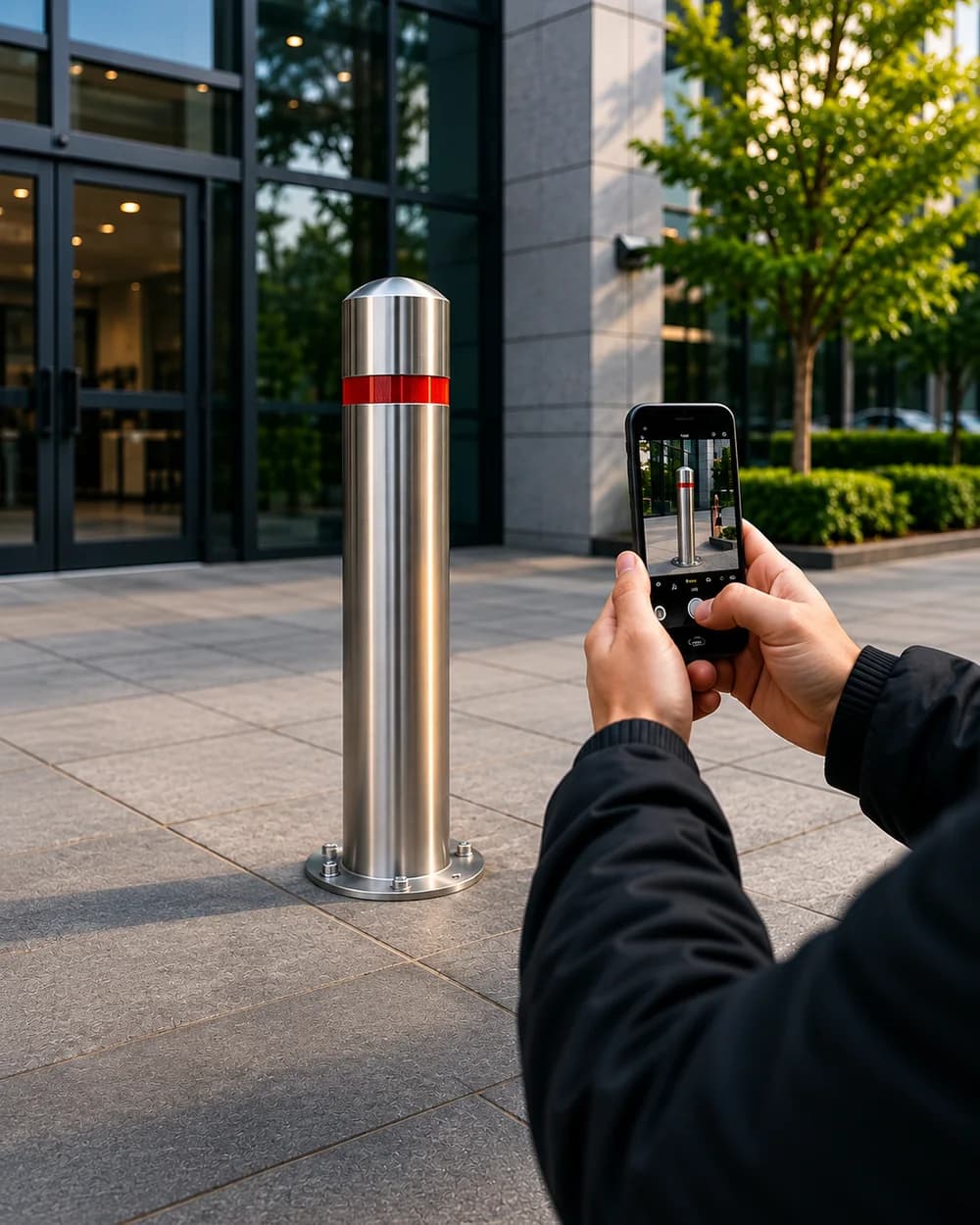 Someone photographing a stainless bollard with a red band on a phone, outside a glass commercial entrance