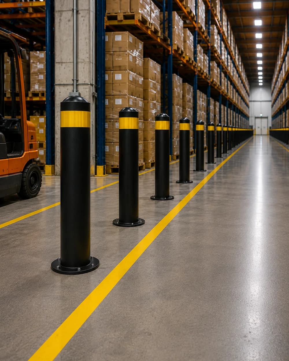 A row of black bollards with yellow reflective bands guarding a racking aisle in a distribution warehouse, with a forklift alongside