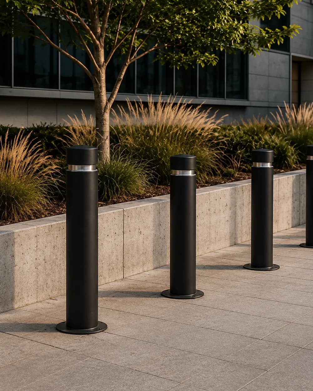 Black architectural bollards set along a landscaped plaza walkway beside an office building