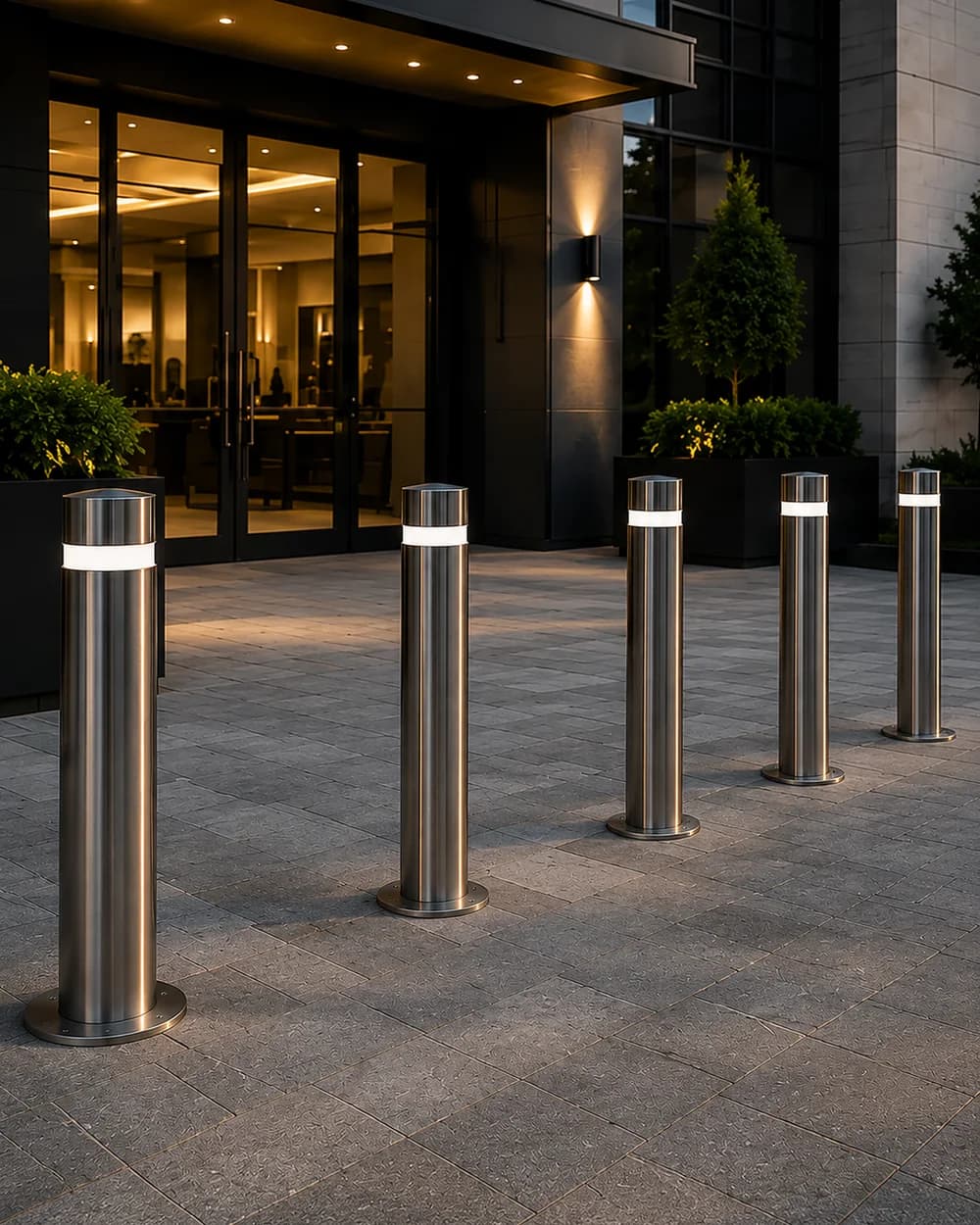 Lit stainless bollards guarding the glazed entrance of a condominium tower at dusk