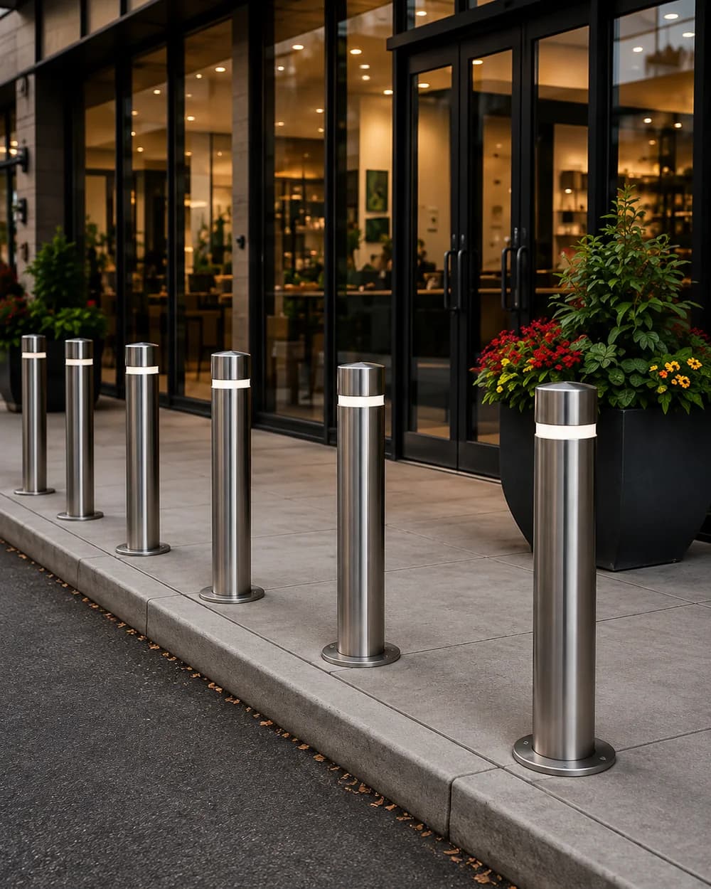 A line of stainless bollards along the sidewalk in front of a retail store front's glazing