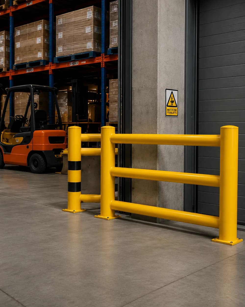 A yellow guard rail and impact bollard protecting a dock door and racking upright, with a forklift working alongside
